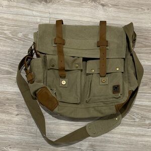 Khaki Canvas Messenger Bag with Brown Straps